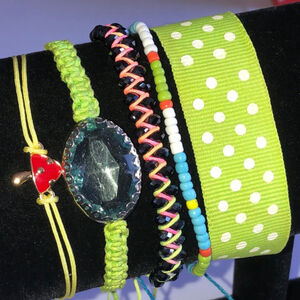 Lot of 5 Colorful Green Yellow Shroom Boho Beaded Adjustable Bracelets